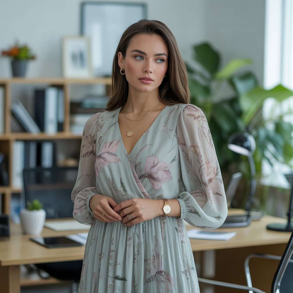 women summer office outfit floral midi dress pastel