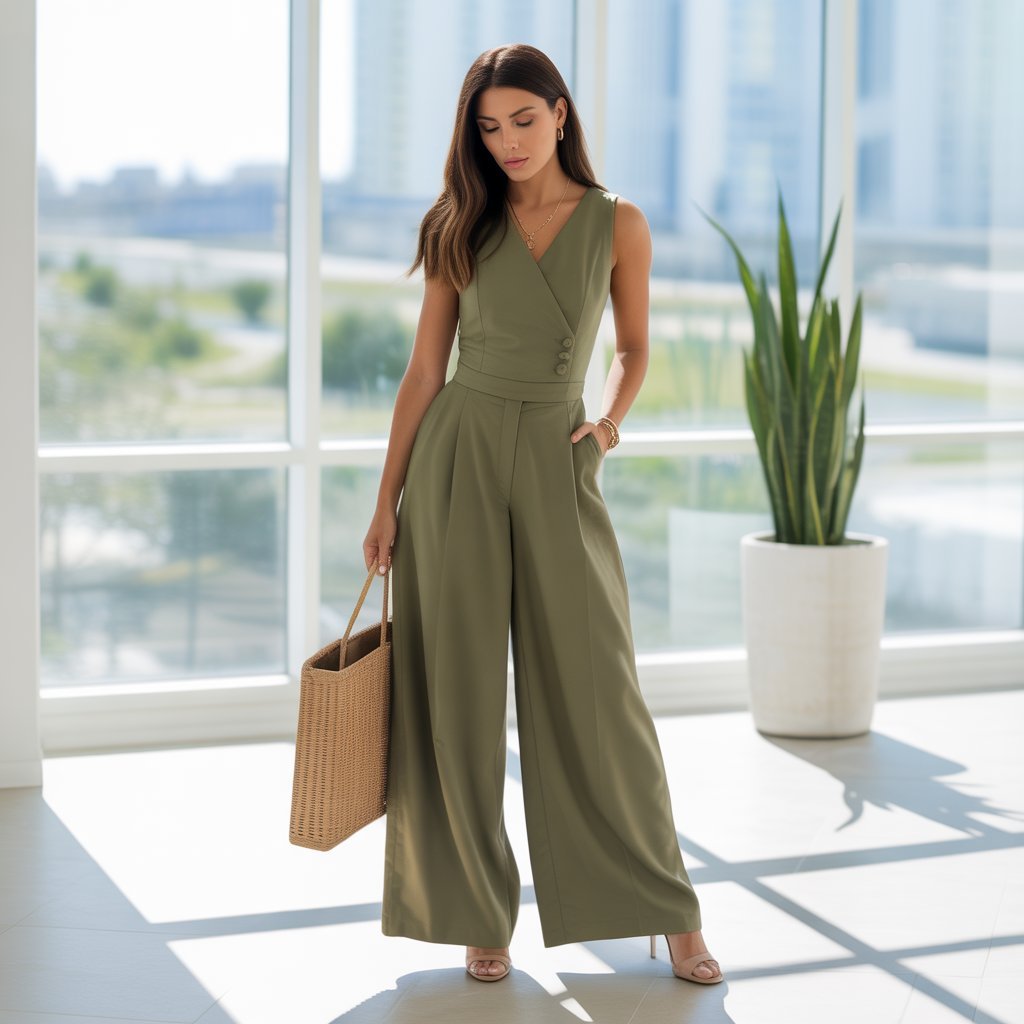 olive green wide leg jumpsuit with nude heels elegant office look