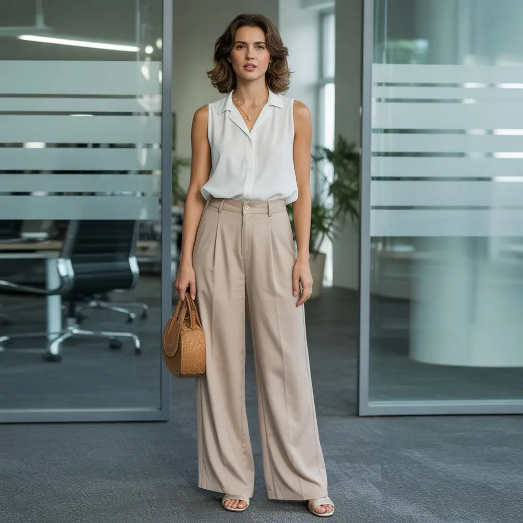 summer office outfit sleeveless blouse high waisted pants