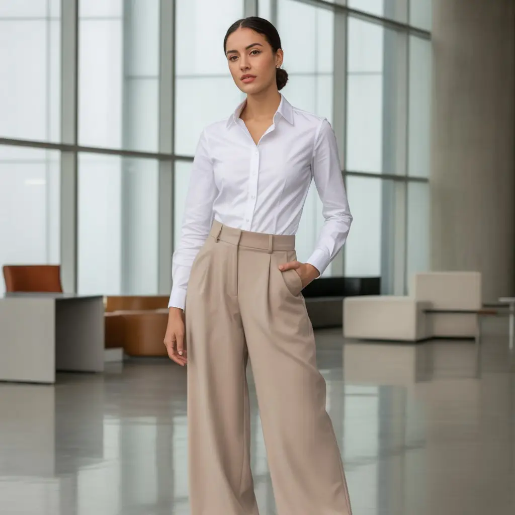 white button down shirt with wide leg beige trousers office look