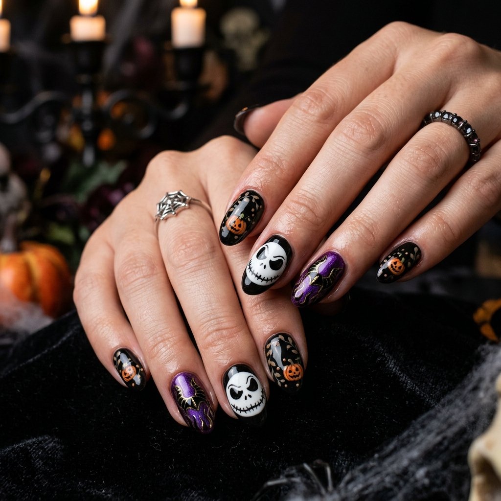 halloween disney nail art jack skellington black purple spooky nails