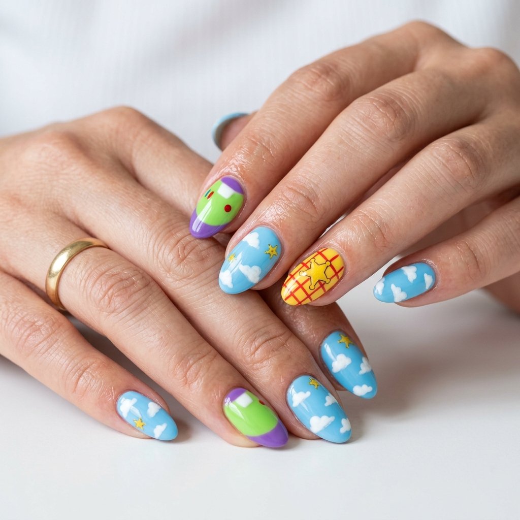 toy story nail art blue sky clouds buzz lightyear colorful nails