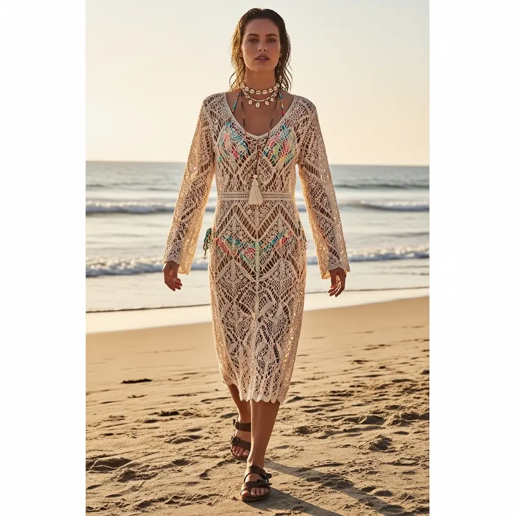 cream crochet mini dress over colorful bikini boho style