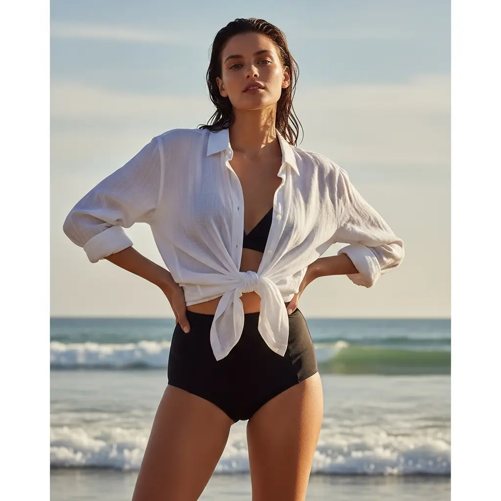 high waisted bikini bottom with open oversized linen shirt