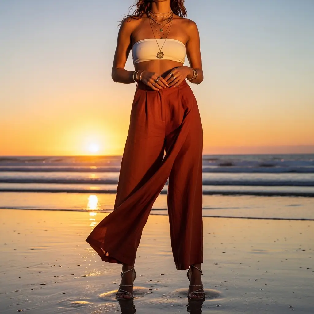 elegant beach outfit women linen wide leg pants