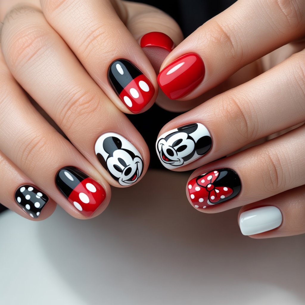 mickey minnie mouse nail art red black white polka dots