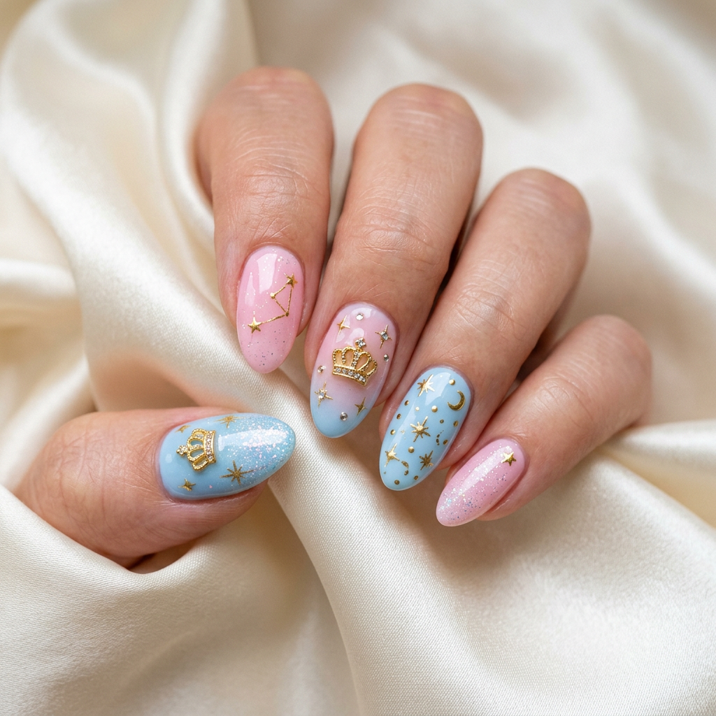 princess nail art pink blue gold glitter
