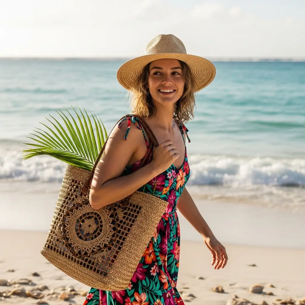 floral sundress with wide brim straw hat summer style
