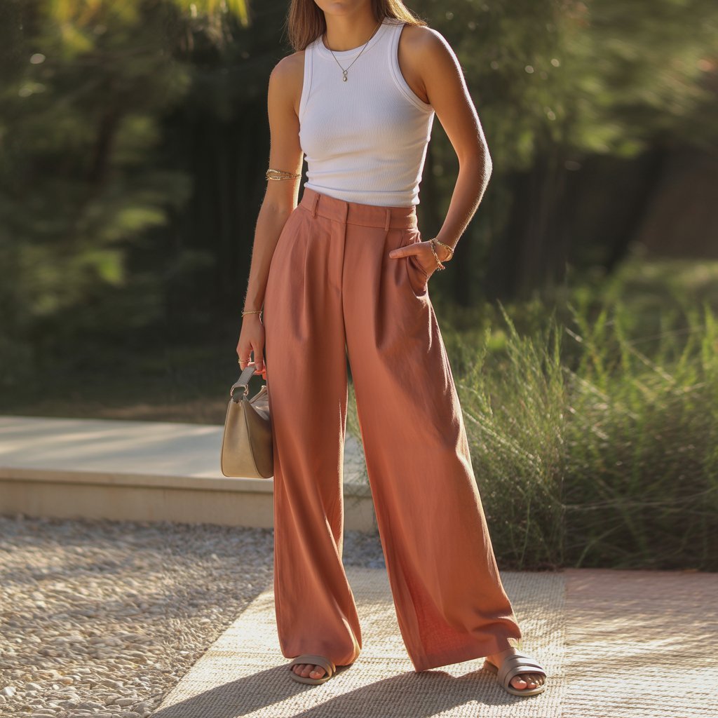 wide leg trousers tank top daytime look