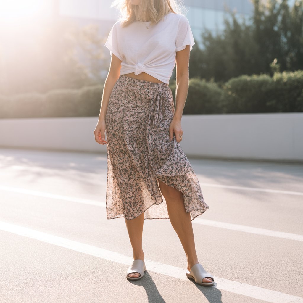 floral wrap skirt white tee sandals